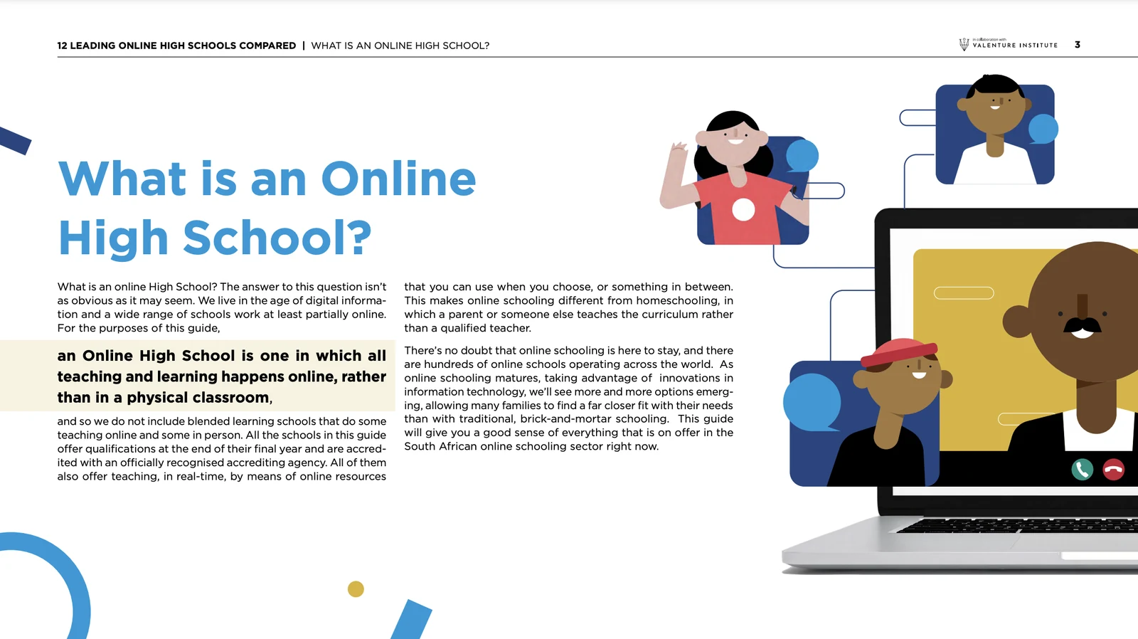 Sample page headed “What is an Online High School?”, with an illustration of a teacher and learners on a video call