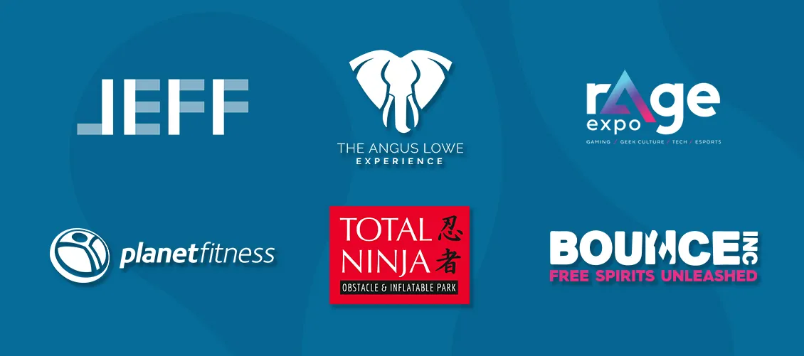 Logos of experiential rewards partners: JEFF, The Angus Lowe Experience, Rage Expo, Planet Fitness, Total Ninja and Bounce Inc