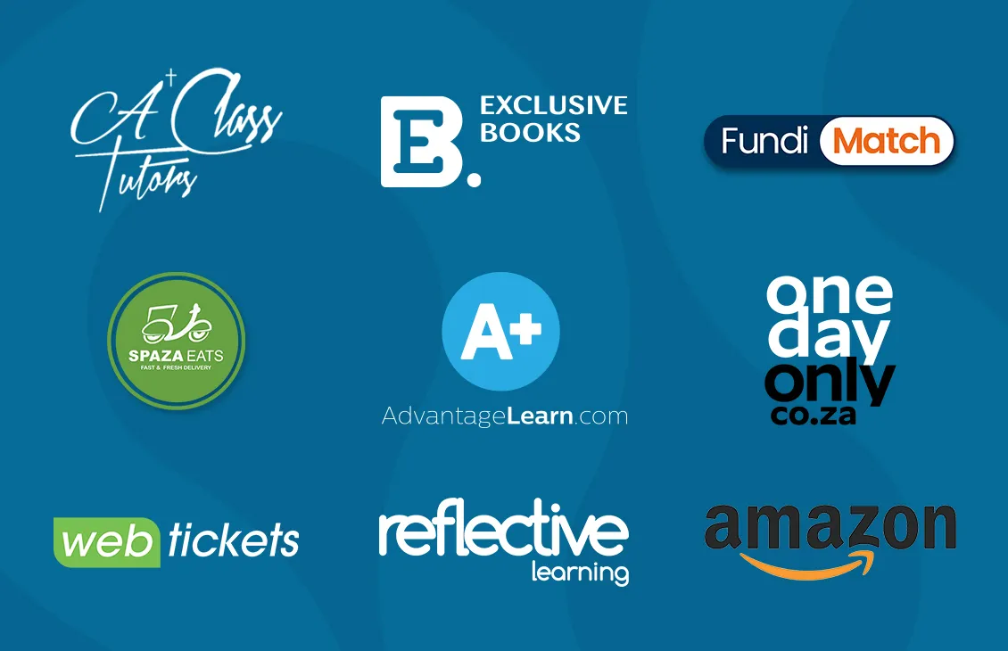 Logos of monetary rewards partners: A Class Tutors, Exclusive Books, FundiMatch, Spaza Eats, AdvantageLearn.com, OneDayOnly, Webtickets, Reflective Learning and Amazon
