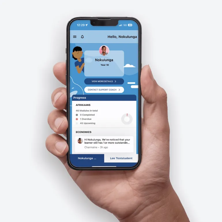 A hand holding a phone showing a learner’s ConnectED dashboard with Afrikaans module progress and a message from their Support Advisor