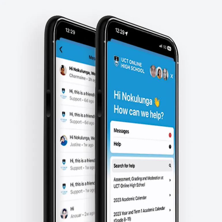Two phones showing the ConnectED help screen and a list of messages from the school