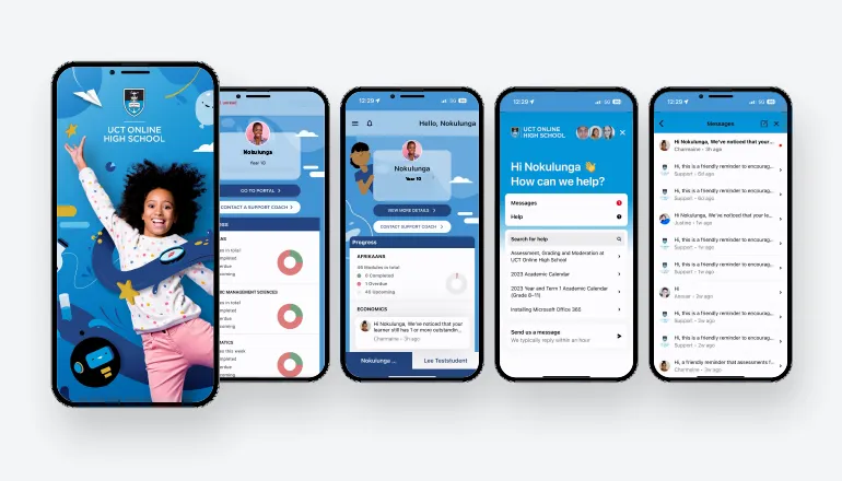 Five ConnectED app screens: the welcome screen, a learner profile, subject progress, the help screen and messages