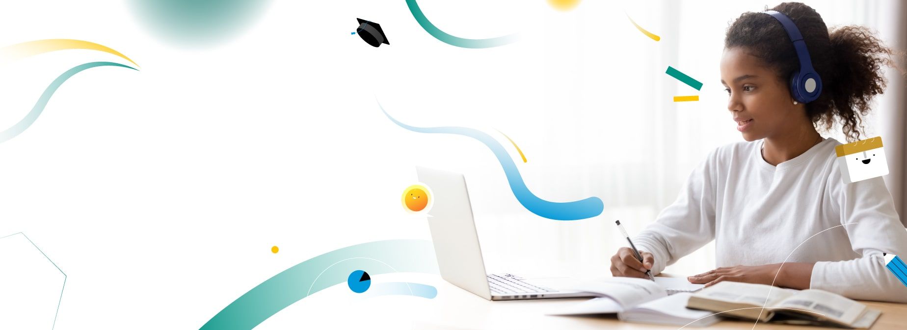 A learner wearing headphones working on a laptop