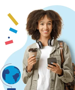 A learner with headphones holding a phone and a coffee