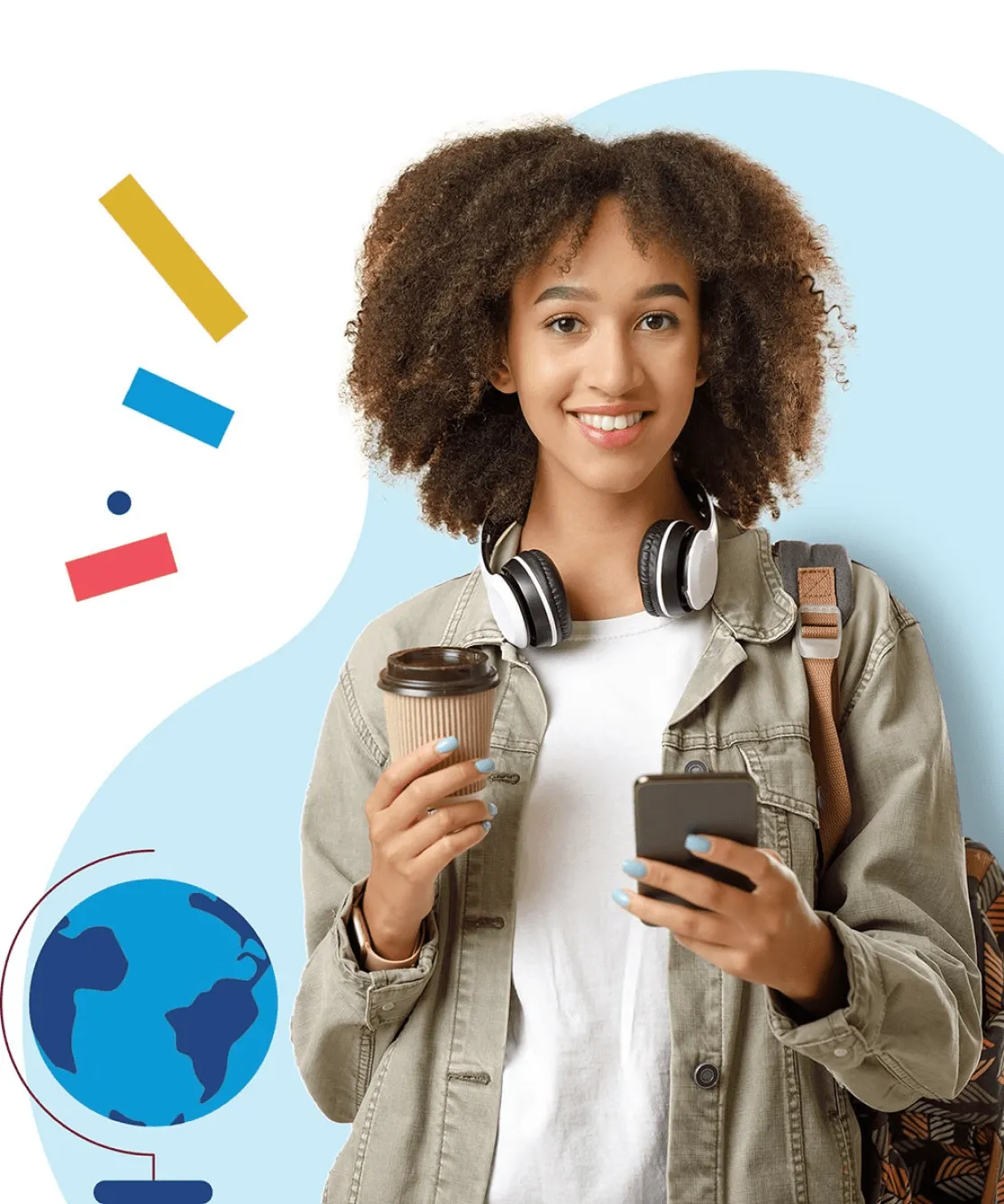 A learner with headphones holding a phone and a coffee