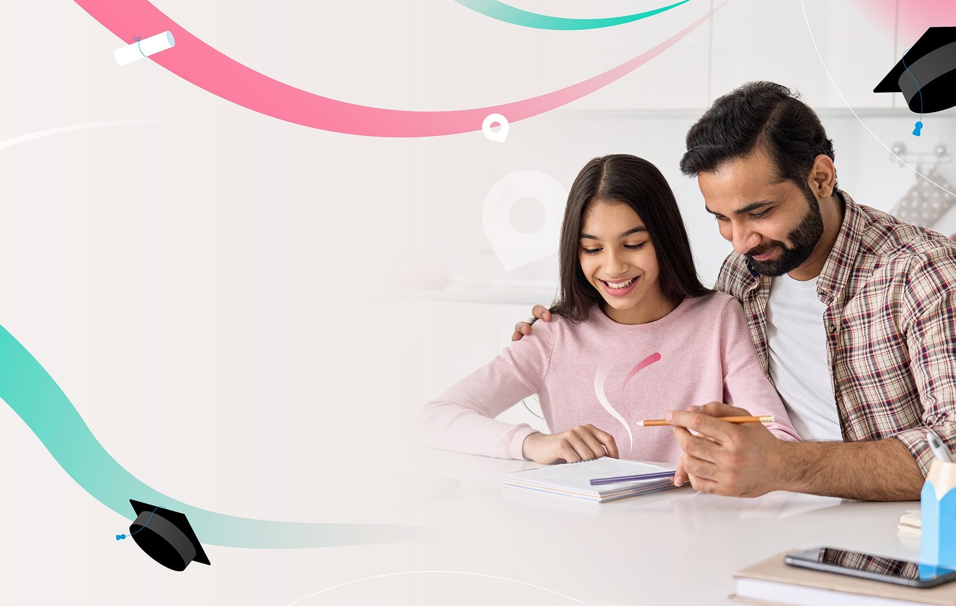 A parent and daughter smiling over a workbook at the kitchen table