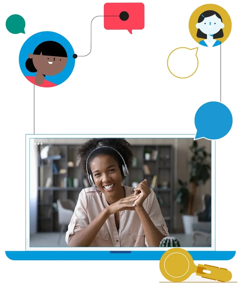 A smiling learner wearing headphones in a live online session, with illustrated chat bubbles around the screen