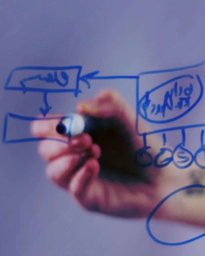 A hand sketching a process diagram with a marker on a glass board