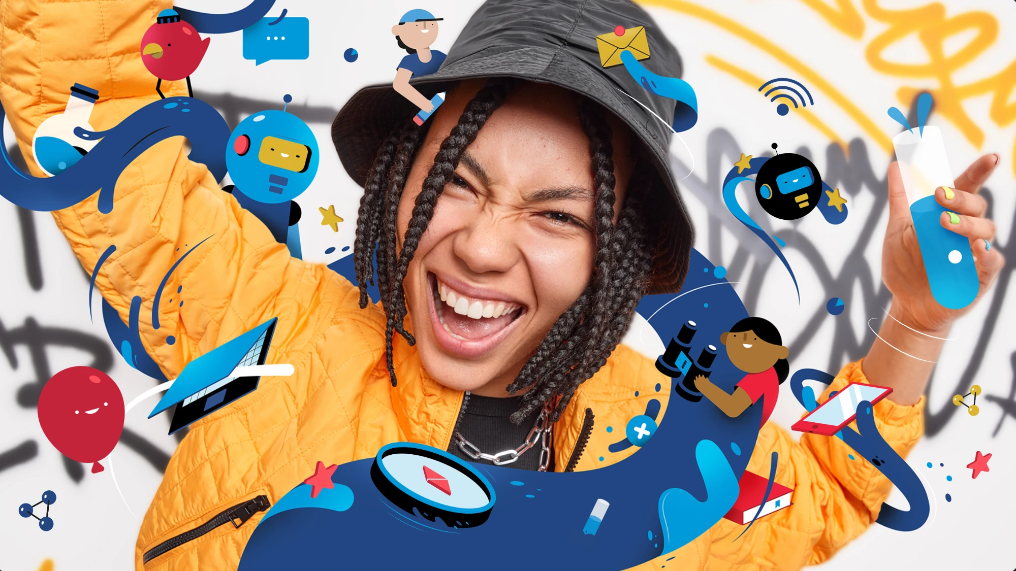 A laughing learner in a bucket hat and yellow jacket, surrounded by illustrated robots, books and science gear