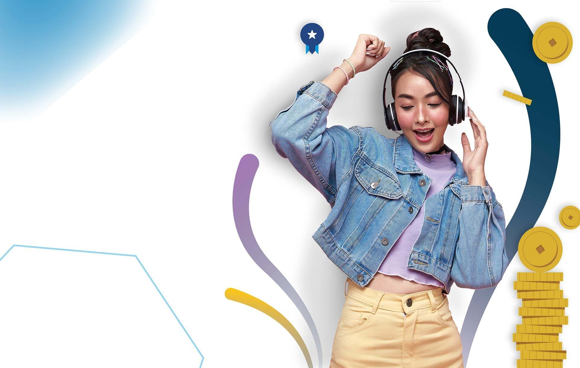 A learner in headphones dancing happily, surrounded by illustrated gold coins and a winner’s rosette