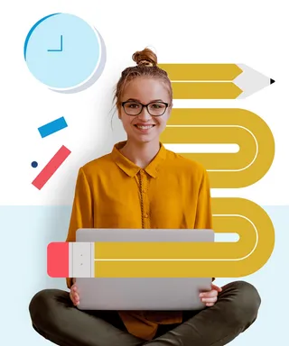 A learner sitting with a laptop in front of a winding pencil path