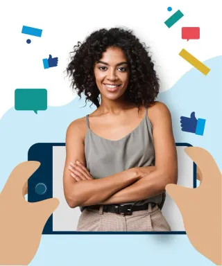 A Support Advisor smiling out of a phone screen