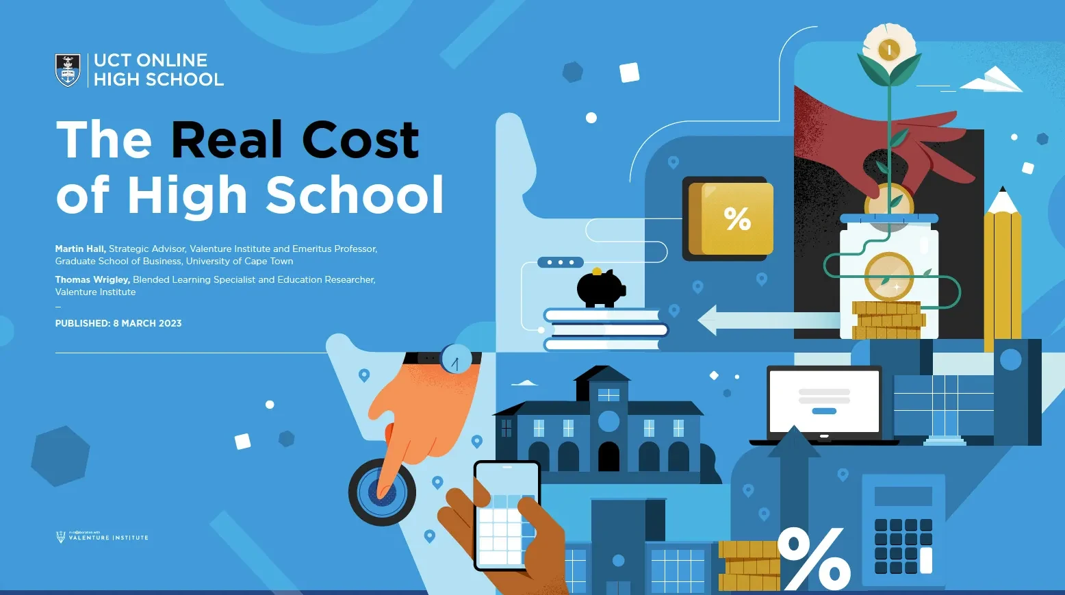 Cover of The Real Cost of High School guide: an illustrated school building, a laptop, stacked coins and a percentage sign