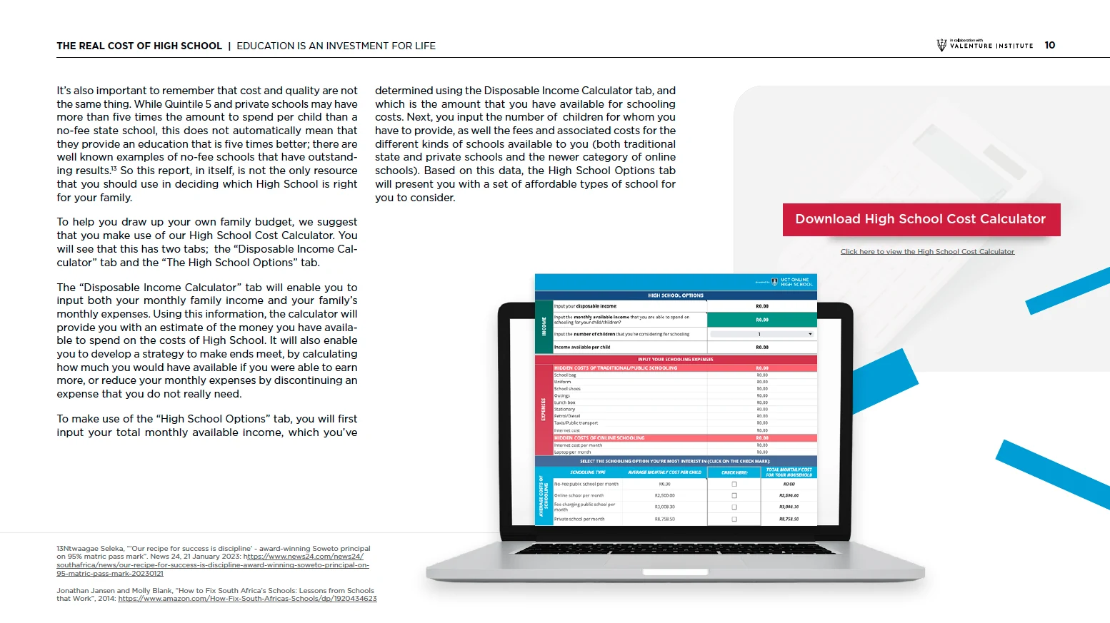 Sample page explaining the High School Cost Calculator spreadsheet, shown open on a laptop