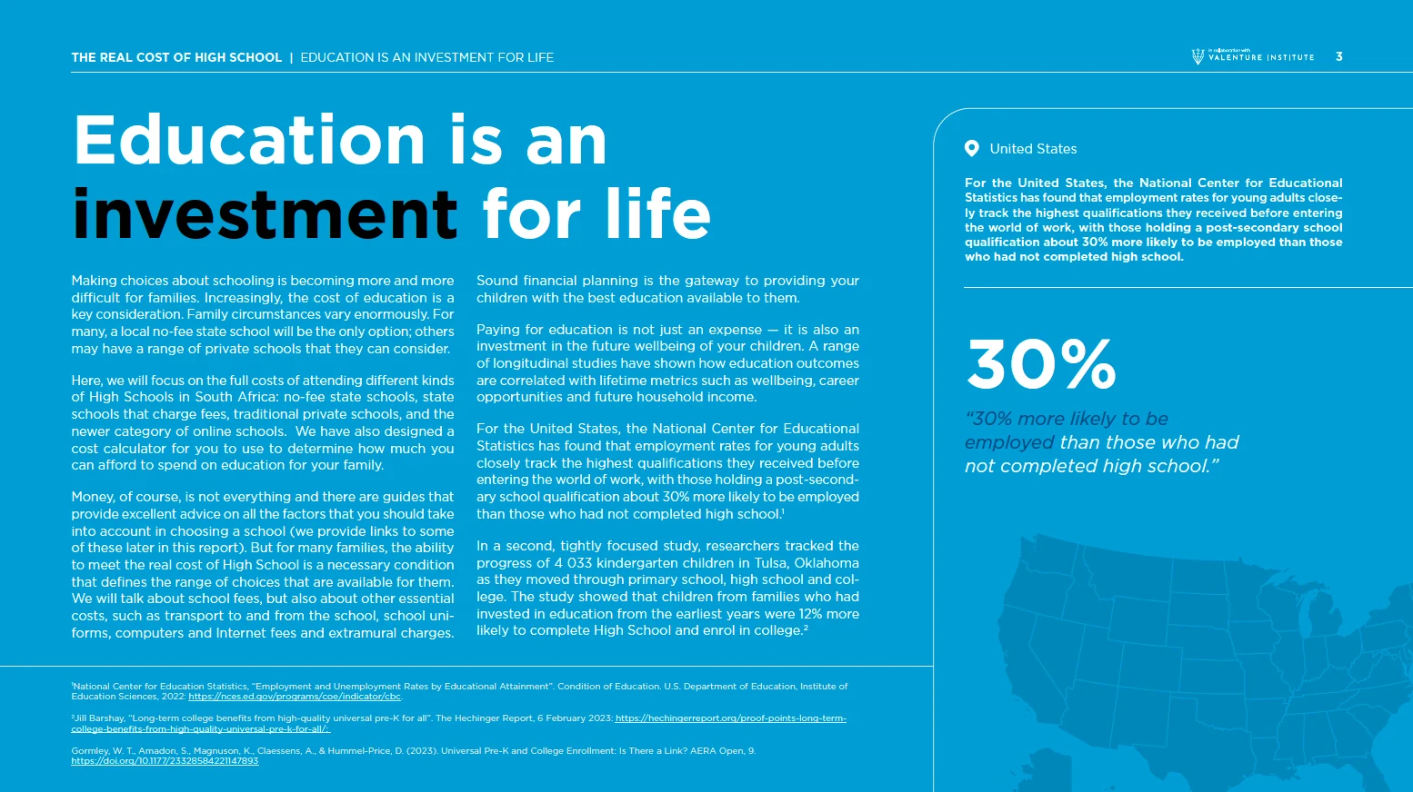 Sample page headed “Education is an investment for life”, with a statistic that adults who finished high school are 30% more likely to be employed