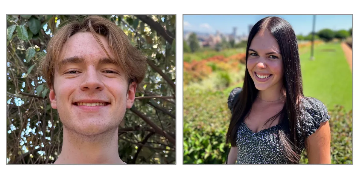 Side-by-side portraits of Leo Mischker (left) and Rochelle de Bruin (right), both smiling outdoors